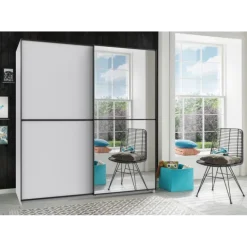 Armoire 2 portes coulissantes avec miroir 180 cm décor blanc, ULM
