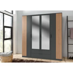 Armoire 4 portes Luebeck graphite/aspect clayette artisan