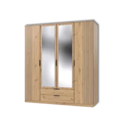 Armoire 4 portes (2 miroir) Luebeck graphite/aspect clayette artisan
