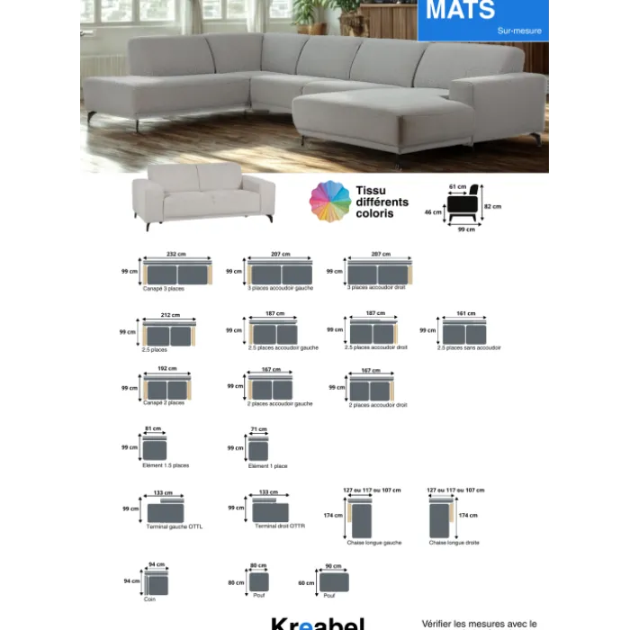 Canapé 2,5 places Mats gris