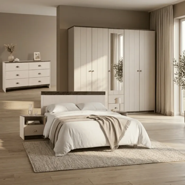 Chambre à coucher Arlo - Armoire 5 portes + Lit 160 cm + commode 6 tiroirs + 2 chevets
