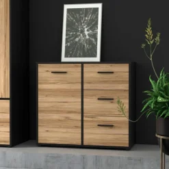 Commode 1P/3T Mokkaro chêne catania/noir